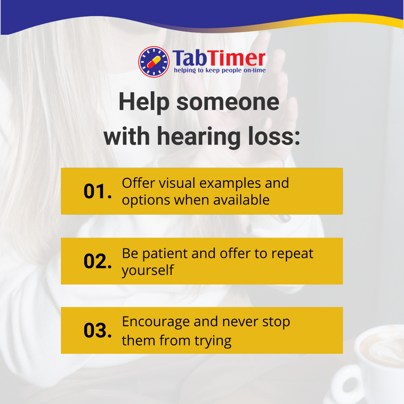 TabTimer's tweet photo. Working with the hearing impaired requires patience and understanding.

Follow these tips to help you become an effective communicator. 🧏 

#TabTimer #AutomaticPillDispenser #MedicationDevice #AssistiveTechnology #HearingImpaired https://t.co/WE4zjkFom1