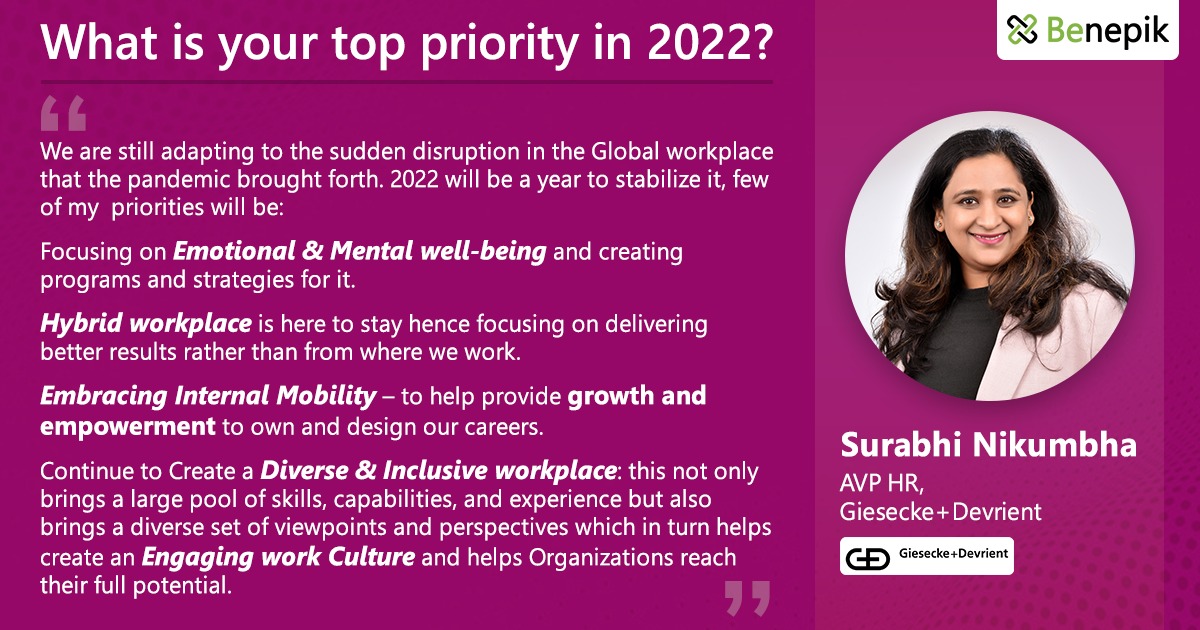 BenepikPlus's tweet photo. The COVID-19 pandemic accelerated digitalization and led to new trends &amp; priorities for Business Leaders.
Here’s what Surabhi Nikumbha - AVP HR, Giesecke+Devrient has as her Top Priority for 2022.
#benepik #2022priorities #engagement #employeeengagement https://t.co/0QC02h5cP9