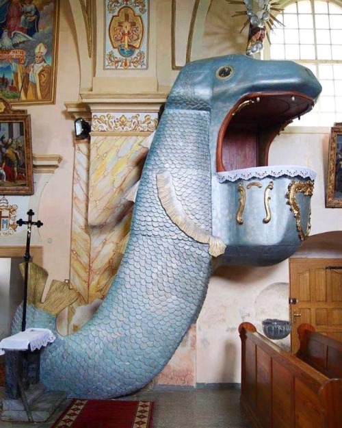 Sea serpent pulpit from a parish church in Dobroszów, a village in in south-western Poland. From 1750.