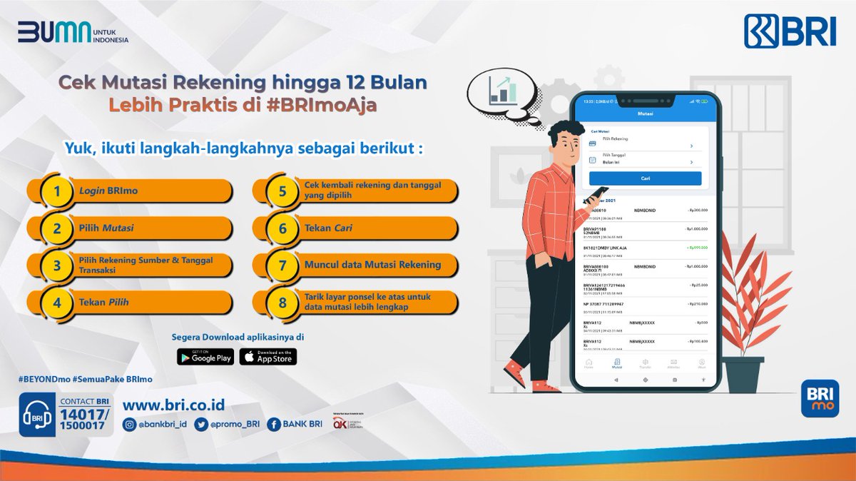 kontakBRI's tweet photo. Sobat BRI. Transaksi lebih mudah, aman dan praktis di #BRImoAja. Cek mutasi rekening bisa dilakukan  melalui BRImo sampai dengan maksimal 12 bulan lho. Selamat bertransaksi, sehat dan sukses selalu. 

#BRIEdukasi https://t.co/RbAGYGOAmr
