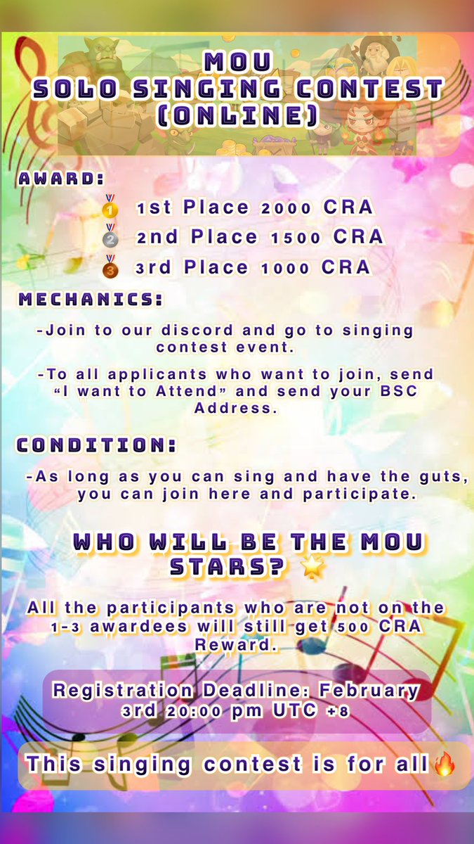 MOUofficial_21's tweet photo. MOU Singing Contest Event🎉

The Magic of Universe Super Star Singing Contest  is tentatively scheduled to be held at 8:00 pm on February 3rd in Discord. 
MOU Applicants, please sign up actively. 

Dont missed the chance, join now 🎊

Discord⬇️
https://t.co/jFCU6B21S2 https://t.co/gtPUCfccUG