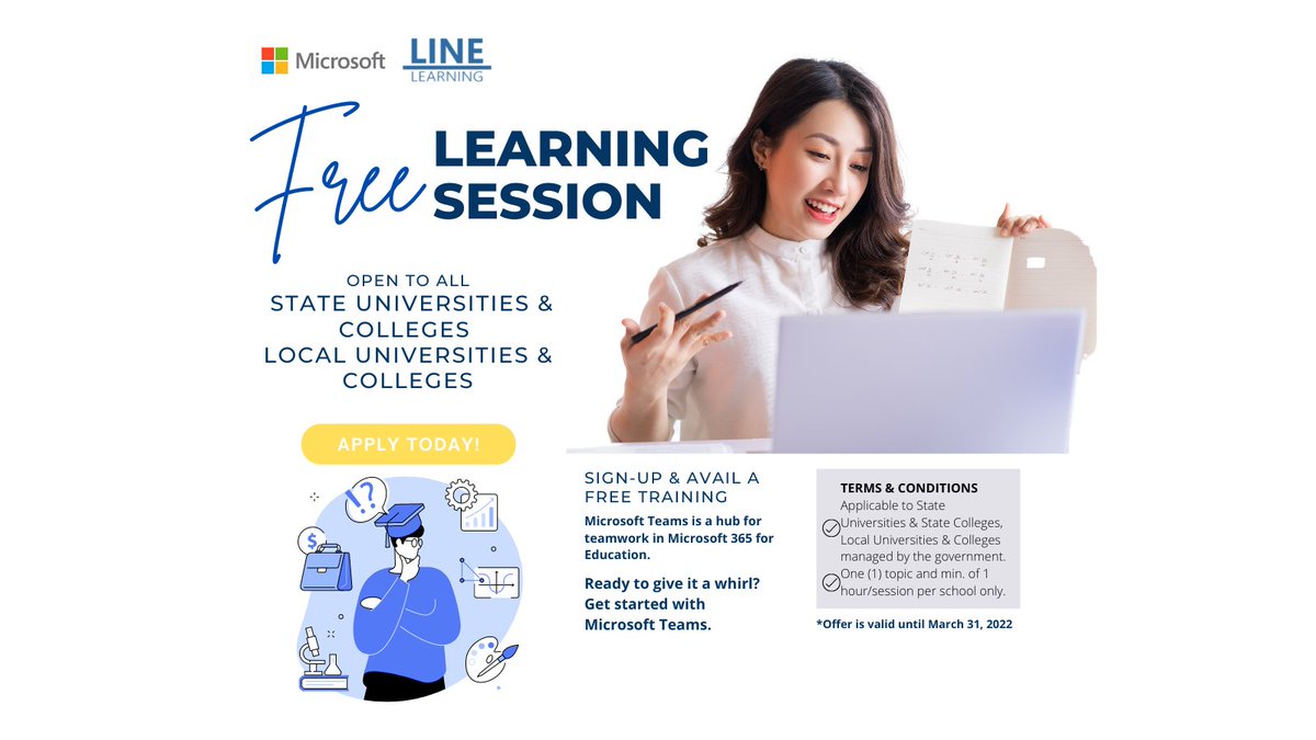 LineLearning's tweet photo. In partnership with Microsoft, we are offering a FREE session exclusive to your school's faculty and staff.
Fill out the application below:
https://t.co/1IaWxJzoH5

#LineLND #LineLearning #KeeponLearning #Microsoft #GlobalTrainingPartner
#MicrosoftTeams https://t.co/MbK0El9VYz