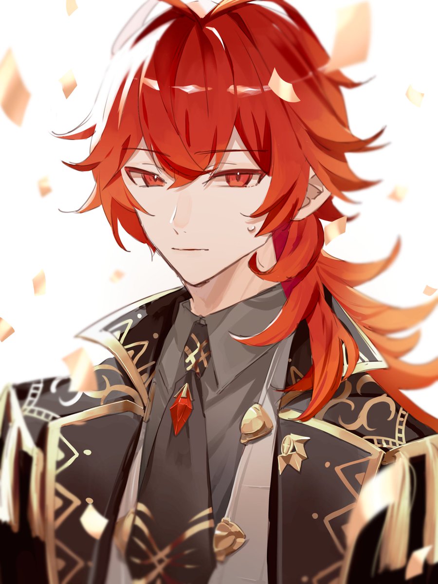 diluc (genshin impact) 1boy male focus red hair red eyes solo long hair bangs  illustration images