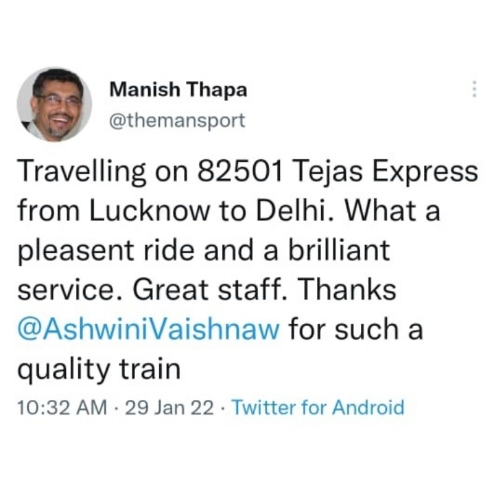 IRCTCofficial's tweet photo. We at #TejasExpress always aspire to make our passenger's travel experience most comfortable. Here are a few passenger feedbacks on Tejas Express services.
#TejasExpress #GoTejasGo https://t.co/lD7BmukLKb