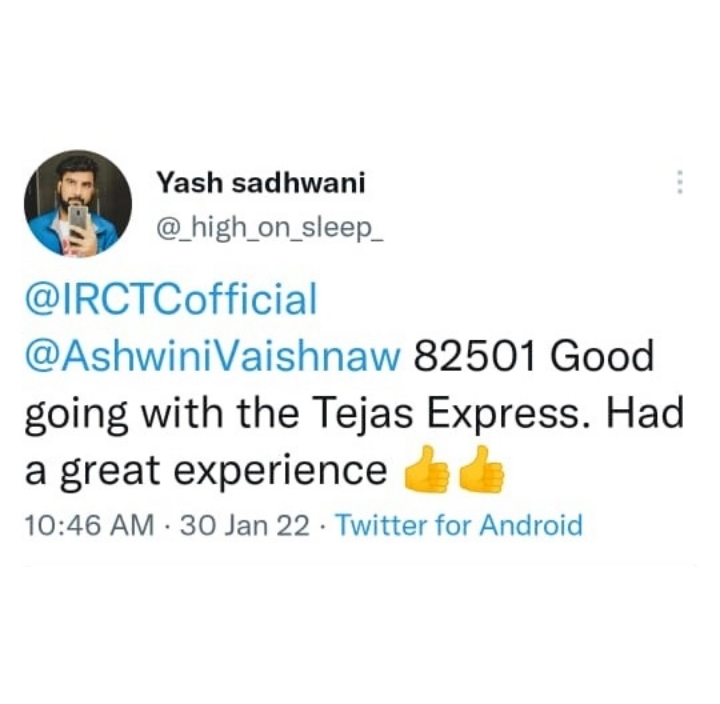 IRCTCofficial's tweet photo. We at #TejasExpress always aspire to make our passenger's travel experience most comfortable. Here are a few passenger feedbacks on Tejas Express services.
#TejasExpress #GoTejasGo https://t.co/lD7BmukLKb