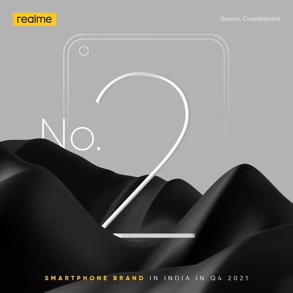 nakradeepak's tweet photo. Realme is the No. 2 brand in India in Q4 of 2021.

#daretoleap #smartphone #counterpoint https://t.co/n2A3PbTmTX