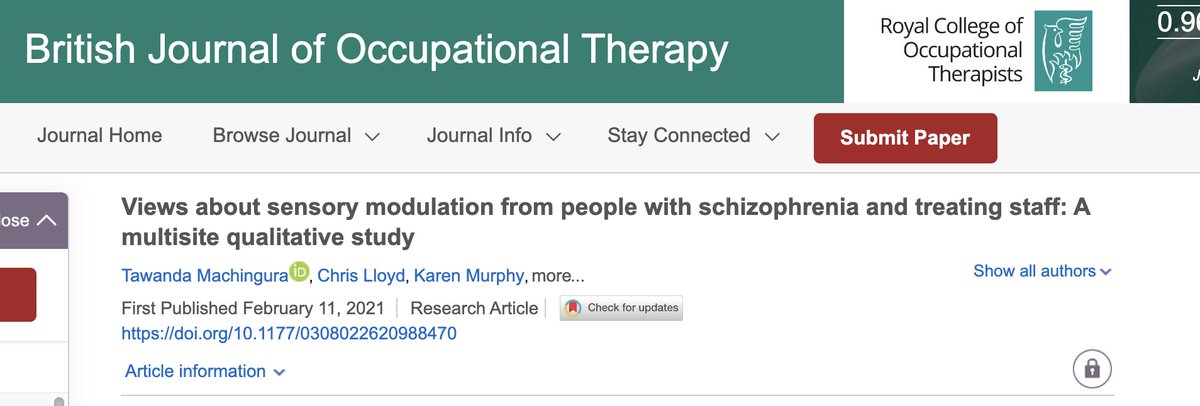 This qualitative study investigated the views of people with schizophrenia and treating staff as to their opinion on addressing difficulties with #SensoryModulation 

#SensoryProcessing #MentalHealth

bit.ly/3qAxOFb