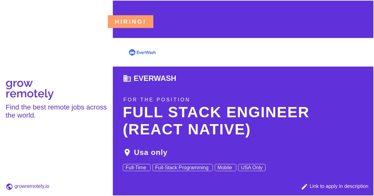 Check out this job at EverWash for the position Full Stack Engineer (React Native).

 Apply link: growremotely.io/?id=61f9ca050e…

#hiring #remotejobs #EverWash #Programming