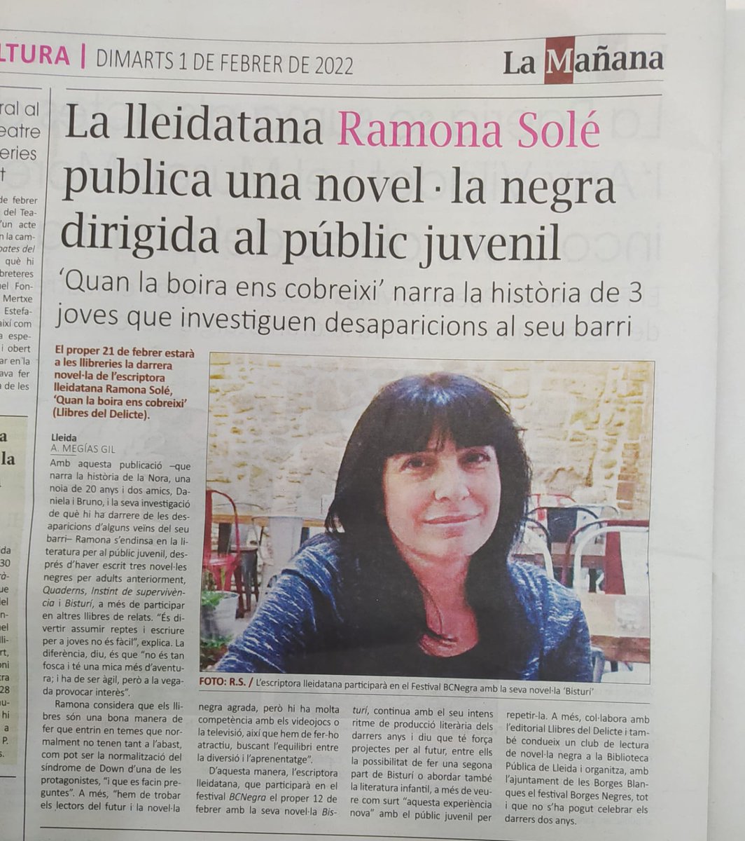 LlibresDelicte's tweet photo. Al diari @LaManyanacat entrevista a @Ramona_Sole parlant de #QuanLaBoiraEnsCobreixi, la novel·la juvenil que publiquem el 21 de febrer. https://t.co/3GBdLoKmxH