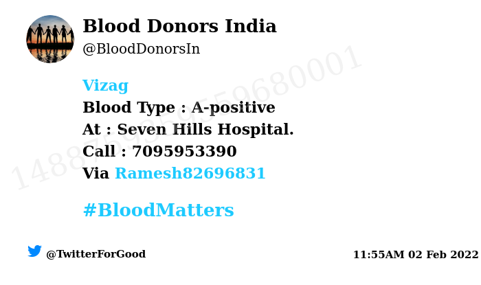 BloodDonorsIn's tweet image. #Vizag
Need #Blood Type :  A-positive
Blood Component : Blood
Number of Units : 3
Primary Number : 7095953390
Secondary Number : 9652245021
Via: @Ramesh82696831
#BloodMatters
Powered by Twitter