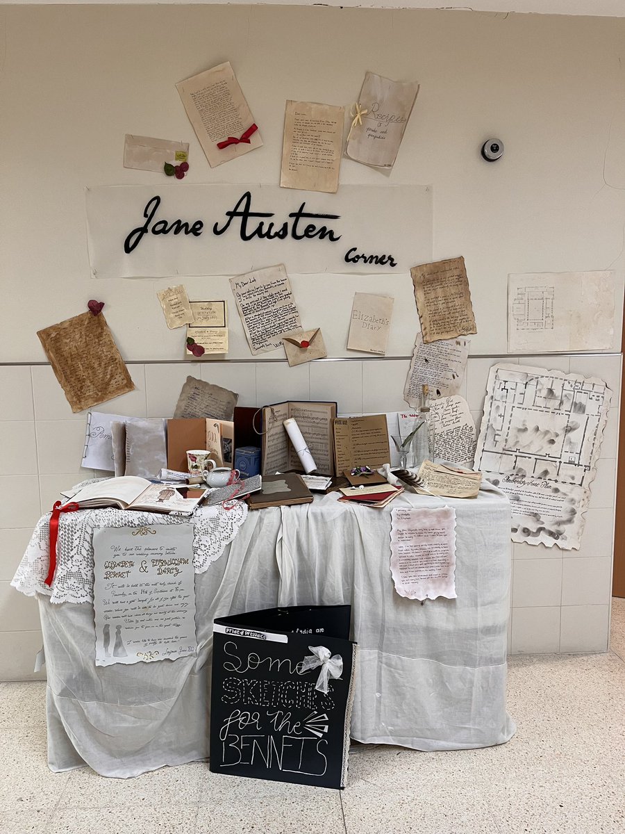MMCCBCN's tweet photo. After reading, listening and learning about Pride and Prejudice, 1st Batxillerat students have created this amazing Jane Austen Corner! Letters, Clothes designs, cooking recipes, wedding invitations, State houses plans… Jane would love them!
#escolaconcepcionistesbcn https://t.co/5XrtVpLw4q