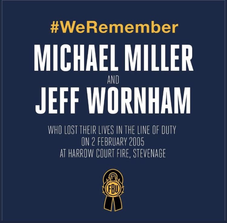 Today marks the 17th anniversary of the tragic events at Harrow Ct, Stevenage where Bros Jeffery Wornham GM and Michael Miller GM lost their lives. 

Today, in remembrance of Jeff and Mike, a two-minute silence will be held at 0900hrs at stations across Hertfordshire. #WeRemember