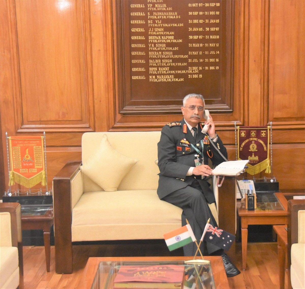ANI's tweet photo. Indian Army Chief General MM Naravane discussed issues of bilateral defence cooperation between India &amp; Australia during a telephonic interaction with Lieutenant General Rick Burr, Chief of Australian Army: Indian Army https://t.co/pivKaxkTCF