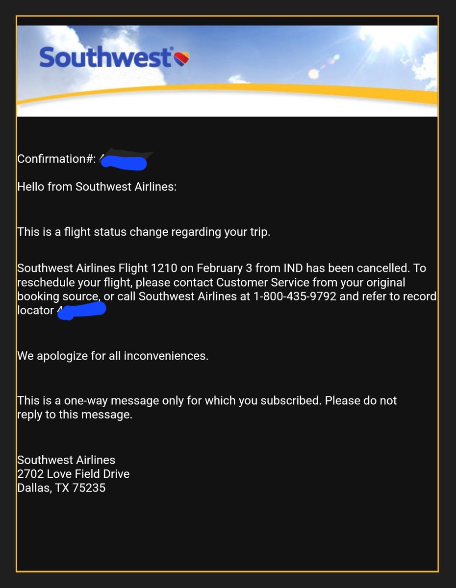 NissaAdele's tweet photo. What's great is the email I received and the app don't even agree on whether my flight has been booked, but they do both agree on what phone number to call. Which is the number above, that can't help. Thanks, @SouthwestAir! https://t.co/tEONH0FHon