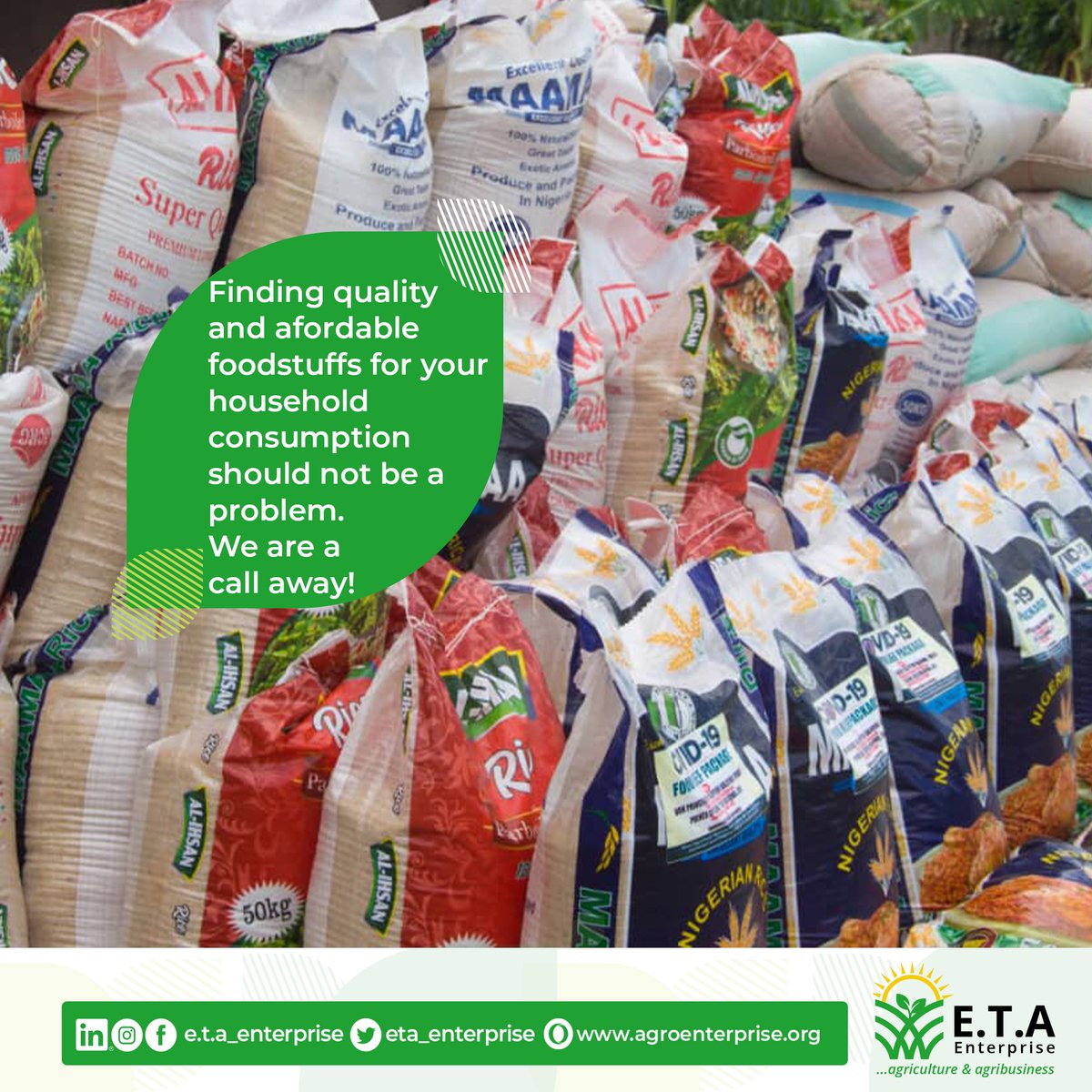 Finding quality and affordable Foodstuffs shouldn't be a problem. 

We are just a call away! 

Get in touch via wa.me/2348176219372 to get Foodstuffs delivered to your doorstep Now!

.
.
.
#ETA #ETA_enterprise #foodsupply #foodstuffs #Nigerians #Nigerian #agriproducts