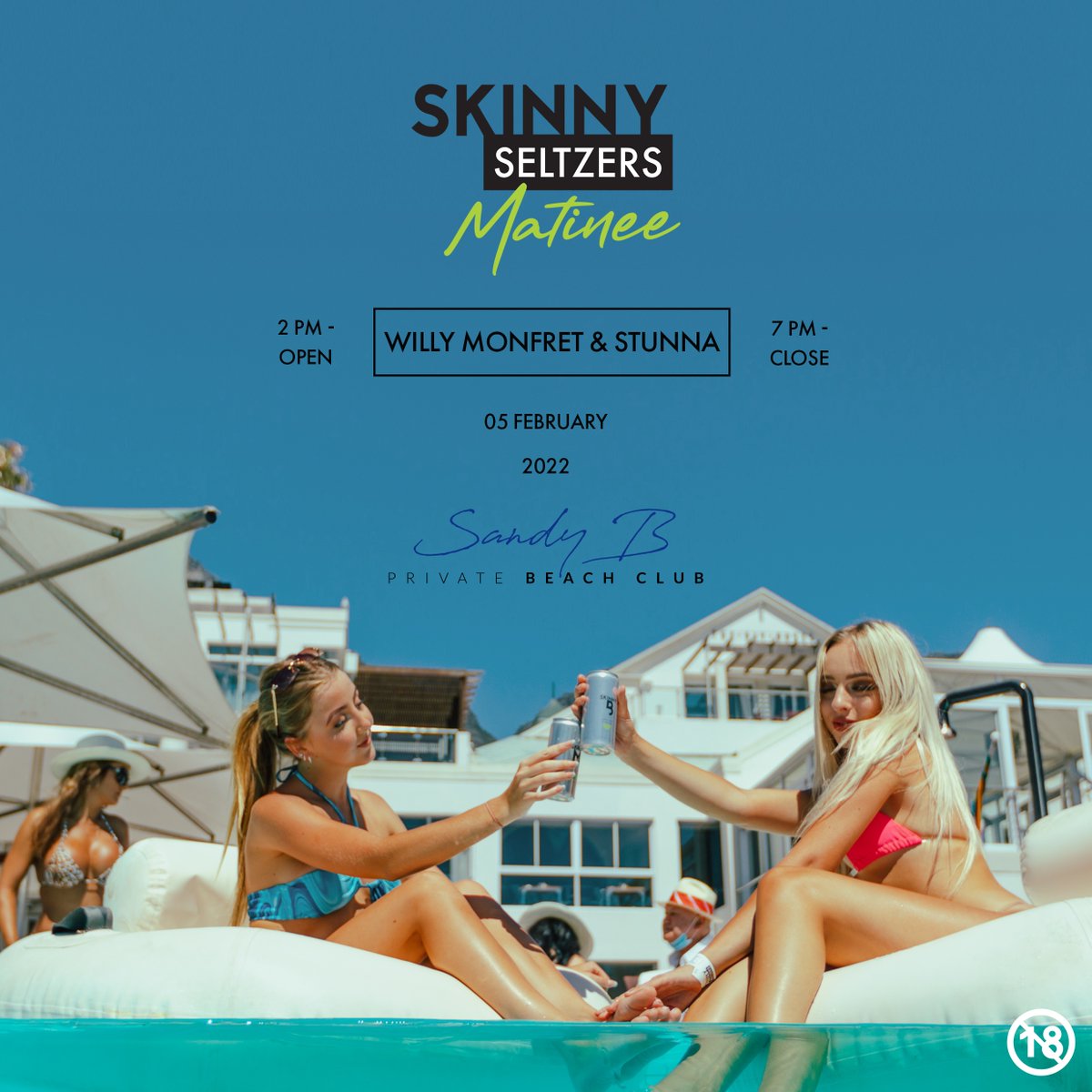 SkinnySeltzers's tweet image. It will be your LAST chance to catch DJ @monfretwilly live at the upcoming #SkinnySeltzers Matinee this Saturday, 5th Feb ✨

📍 Venue: Sandy B, at The Bay Hotel in Camps Bay. @sandybclub
🎟 Limited tickets are available to purchase on entry at R250pp.
Covid-19 protocols apply.