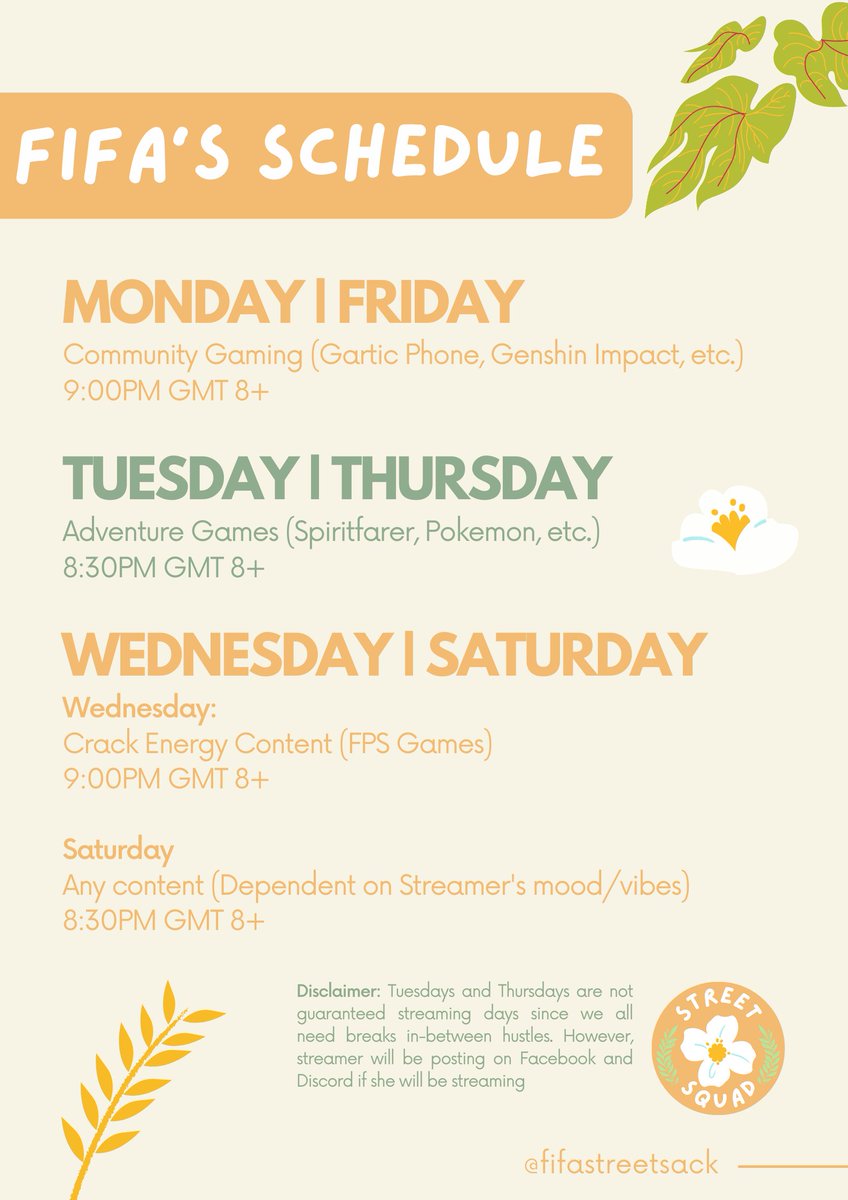 MadgeMafs's tweet photo. We have an official streaming schedule!🌼Check out the different categories we have per day 🥰 and of course the smol disclaimer down below 👀 See you on the stream!
https://t.co/flgGJvndIa 
#fifastreetsack https://t.co/7SY8StZmSt