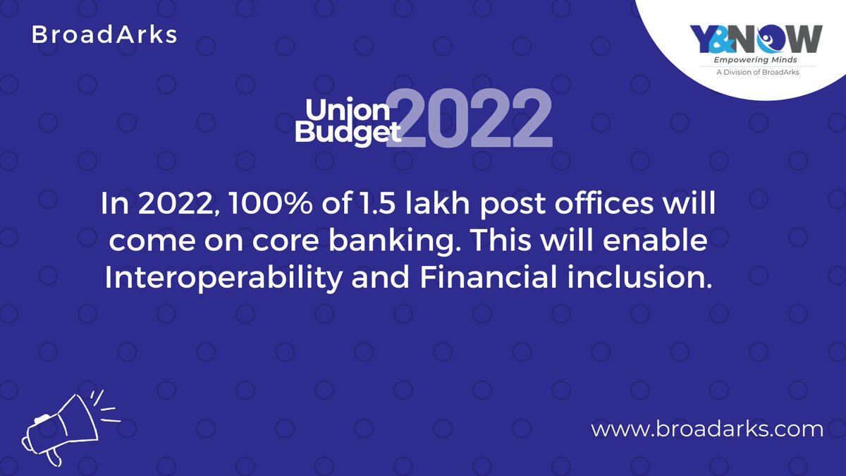 BroadarksTech's tweet photo. 👉Huge step towards #FinancialInclusion
👉1.5 lakh post offices would come under the core banking system 
👉Leveraging the reach n penetration of Post Offices 
👉Banks to set up 75 Digital Banking Units in 75 districts
#inclusiveindia 
#DigitalTransformation 
#BudgetWithBroadArks https://t.co/KpqbfF5Xir