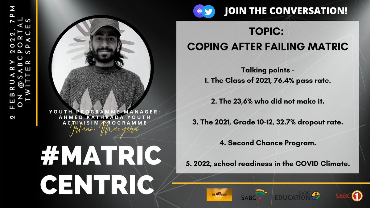Join @RonaldAbvajee, @chemangera, @elijahmhlanga and Lethiwe Nkosi from @YouthCapitalSA today on @SABCPortal Spaces at 7pm for another #MatricCentric session!! 

The Topic is 'Coping After Failing Matric'

#TheChair #TheChairSabc1 #classof2021 #matric2021 #MatricCentric