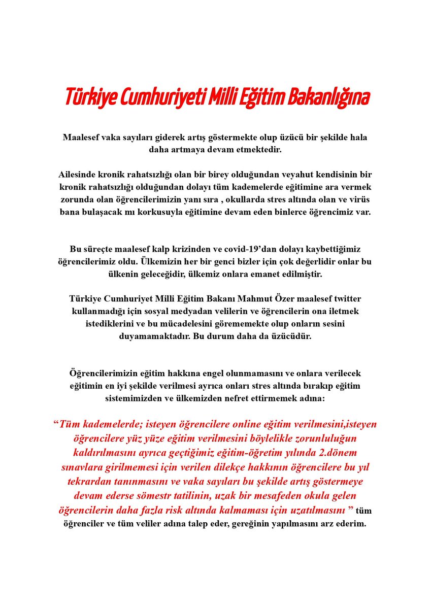 📢 2. Dönem tüm kademelerde okulların online olması şart!! Vaka sayısı 100 bin sınırını geçti!! Gerçekten YETER ARTIK BİŞEY YAPIN!! 

<a href="/drfahrettinkoca/">Dr. Fahrettin Koca</a> 
<a href="/drtevfikozlu/">Prof. Dr. Tevfik Özlü</a> 
<a href="/serapsimsekyvz/">Serap Şimşek Yavuz</a> 
<a href="/AtesAtesKara/">Ates Kara</a> 
<a href="/dralpersener/">Prof.Dr. Alper ŞENER</a> 
@afsindr 
<a href="/drleventakin/">Prof. Dr. Levent Akın</a> 
<a href="/profdrmnilhan/">Prof. Dr. Mustafa Necmi İlhan</a>

#VelilerOnlineİstiyor