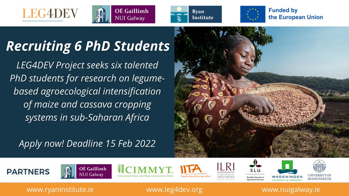 Six fully funded PhD positions!

Our LEG4DEV project @nuigalway <a href="/RyanInstitute/">Ryan Institute @ University of Galway</a> seeks talented researchers on legume-based agroecological intensification of maize/cassava systems in sub-Saharan Africa

Apply! 👉 leg4dev.org/vacancies/ 

#resilience #legumes #smallholders #SDGs