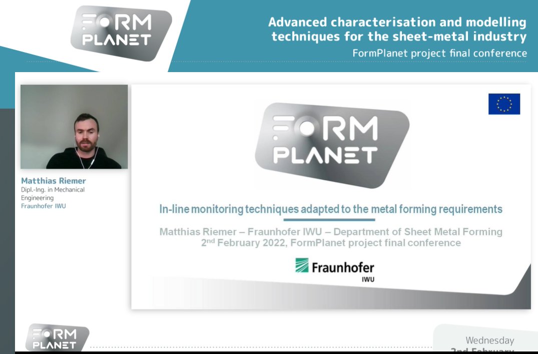 Formplanet_EU's tweet image. Matthias Riemer, from @Fraunhofer_IWU, joins us for the #FormPlanet final conference presenting novel in-line monitoring techniques adapted to the #metalforming requirements

Consult the agenda of the event
➡️cutt.ly/FinalConference