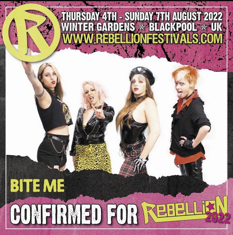 BiteMeBand's tweet photo. 🖤 WE CAN’T WAIT FOR THIS ONE!! 🖤
We’re rockin @RebellionFest on the Friday 5th August with an awesome line up - don’t miss it!! 🤘💀🤘

#Rebellion #RebellionFestival #Blackpool #Punk #PunkRock #GirlPunks #PrettyInPunk #LondonPunks https://t.co/zf6CrZSxJo