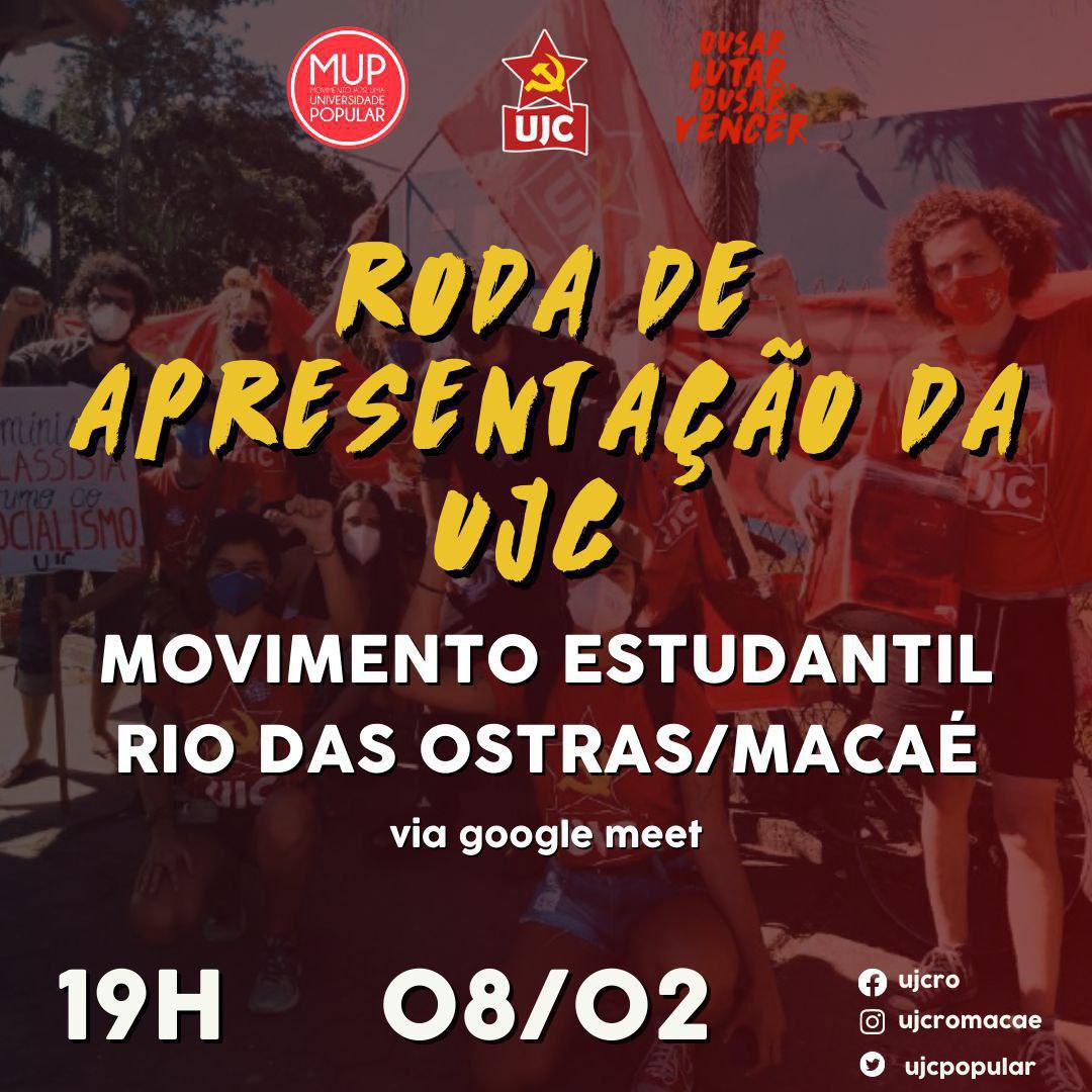 UJCpopular's tweet photo. 🚩RODA DE APRESENTAÇÃO DA UJC SOBRE O MUP E O MOVIMENTO ESTUDANTIL EM MACAÉ E RIO DAS OSTRAS 🚩

No dia 08 de fevereiro, às 19h, realizaremos uma roda de apresentação da UJC e sua atuação no movimento estudantil (ME) em Rio das Ostras e Macaé. https://t.co/eGNH1bsse0