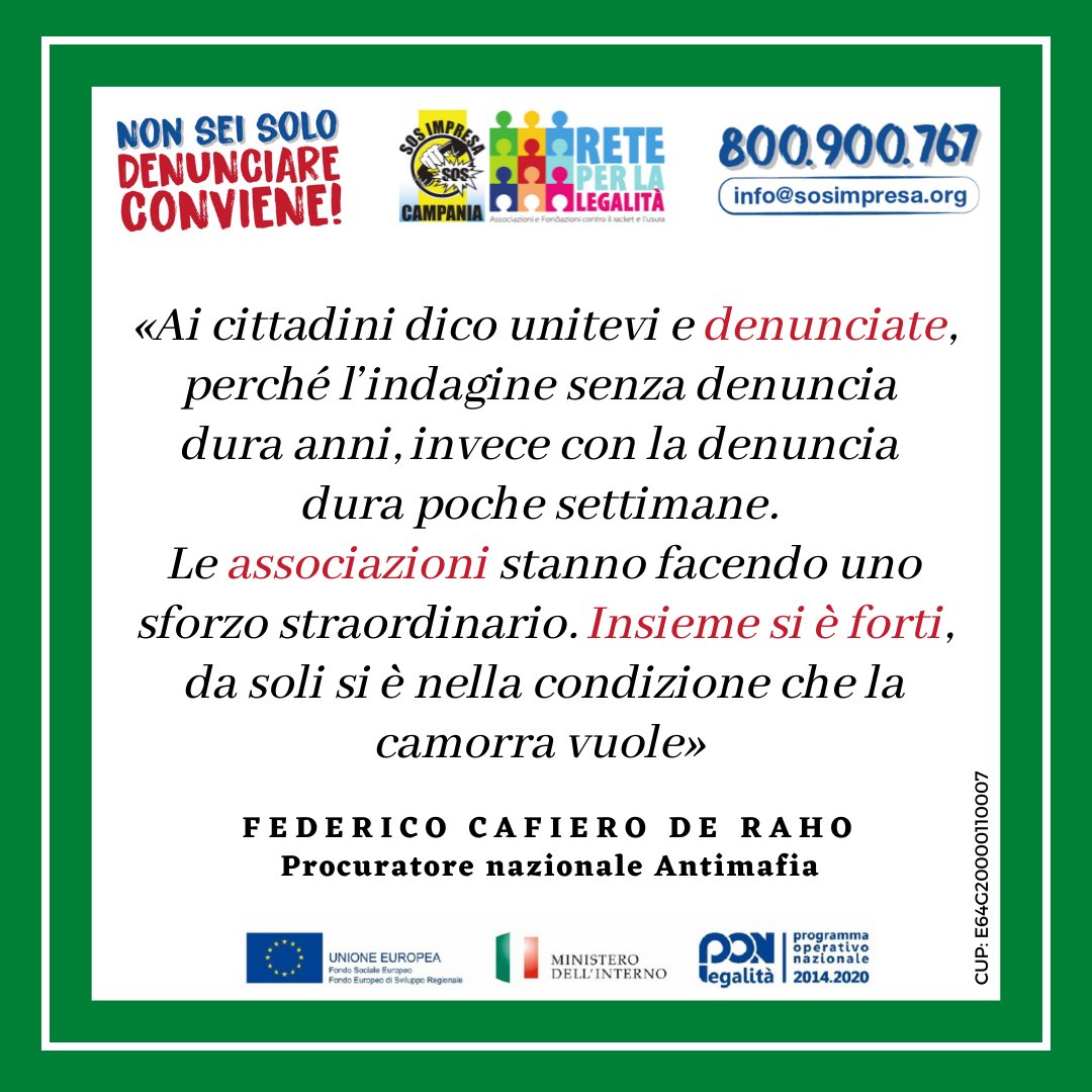 💪 "Ai cittadini dico unitevi e denunciate. Le associazioni stanno facendo uno sforzo straordinario. Insieme si è forti"
📣 Le parole del procuratore antimafia Cafiero De Raho
#usura #racket #sosimpresa #reteperlalegalità #nousura #noracket #denunciareconviene #nonseisolo
