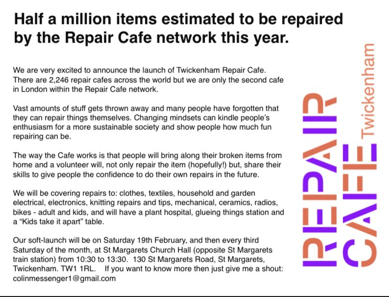 twickerati's tweet image. If it ain't broke, don't fix it. BUT if it is broken try the new Repair Cafe opening soon in Twickenham. Great idea. Soft launch on Feb 19th then every 3rd Saturday of the month @ St Margarets Church Hall. #sustainability #fixit #repaircafe
