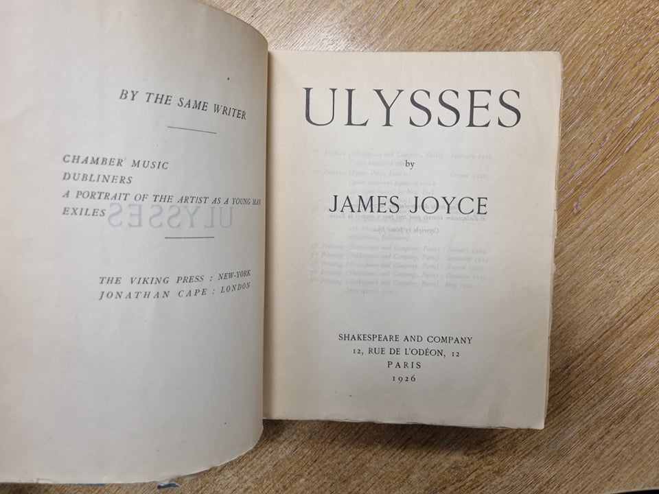 Today, we are thinking of this very day 100 years ago, when Ulysses by James Joyce was first published by Shakespeare and Company in Paris. It was also Joyce's 40th birthday. Pictured is an eighth printing from 1926, featuring the famous blue cover. #Ulysses100