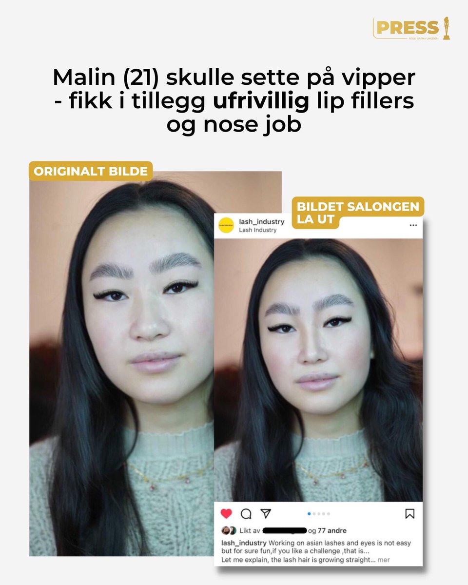 Pressrbu's tweet photo. Da salongen ble konfrontert, svarte de med at «det ble foretatt nødvendige justeringer ift de naturlige ujevnheter, lydbransjen, boked og fokus på ansikt». At endring på neseform og leppestprrelse er «nødvendig justeringer» viser dessverre at #Gullbarbie fortsatt er nødvendig https://t.co/n5fdYfeLqS