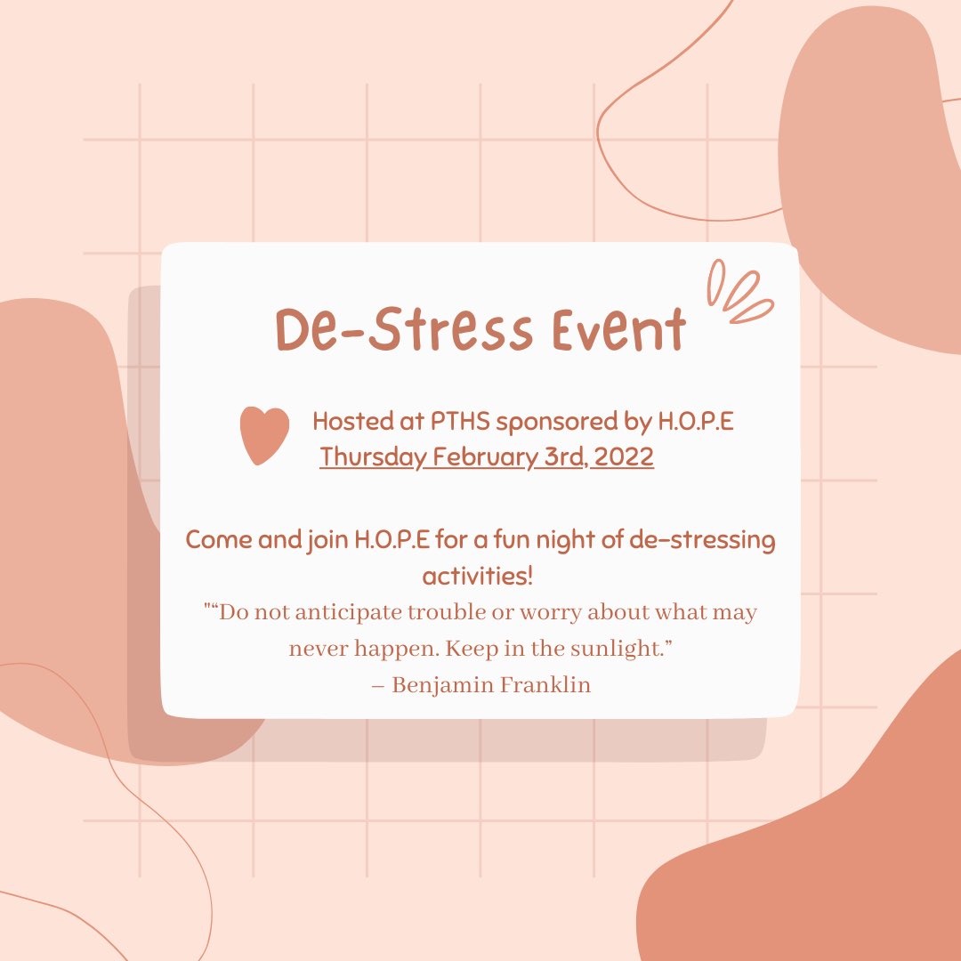 Join us TOMORROW night in the cafeteria at 7 PM. There will be music, games, coloring and other activities to help you de-stress before we dive into MP3 and the second half of the school year! <a href="/pthsnation/">Pequannock Township High School</a>