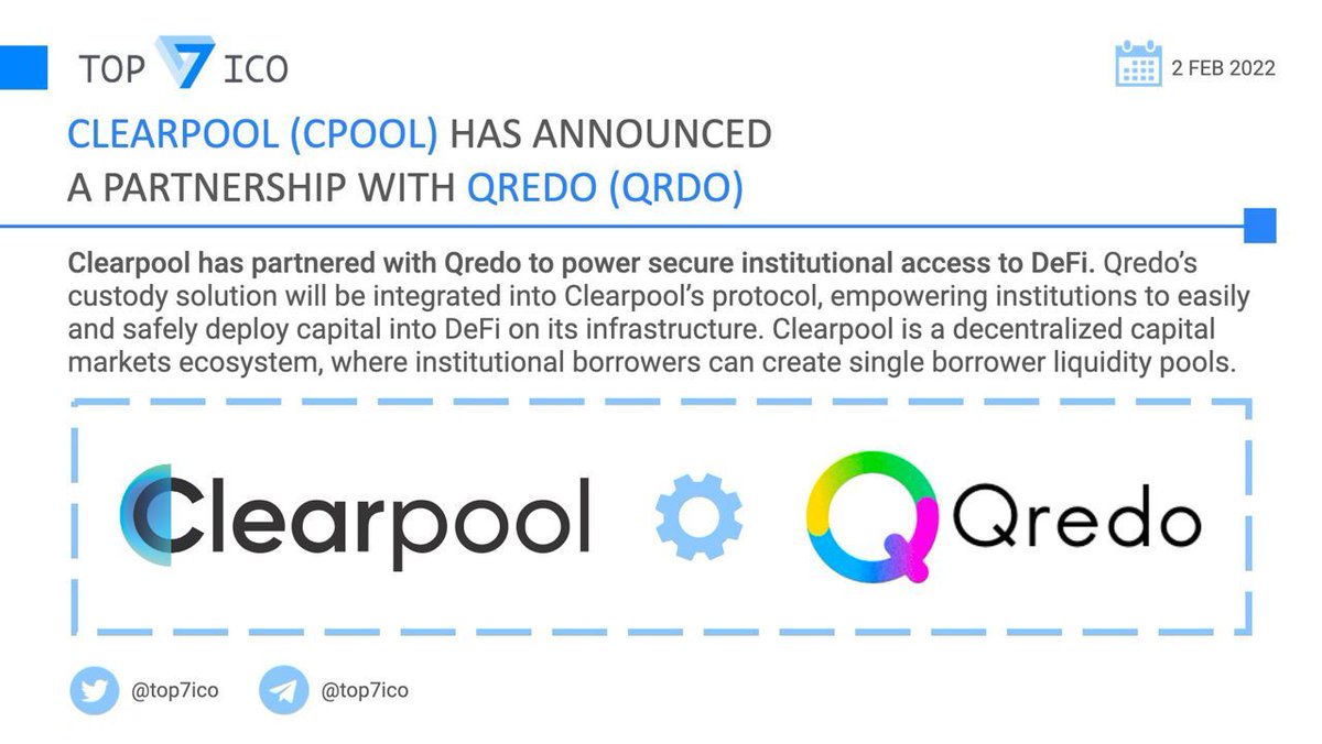 top7ico's tweet image. Clearpool $CPOOL has announced a partnership with Qredo $QRDO

@QredoNetwork custody solution will be integrated into @ClearpoolFin protocol, empowering institutions to easily and safely deploy capital into DeFi on its infrastructure.

👉 clearpool.medium.com/clearpool-part…