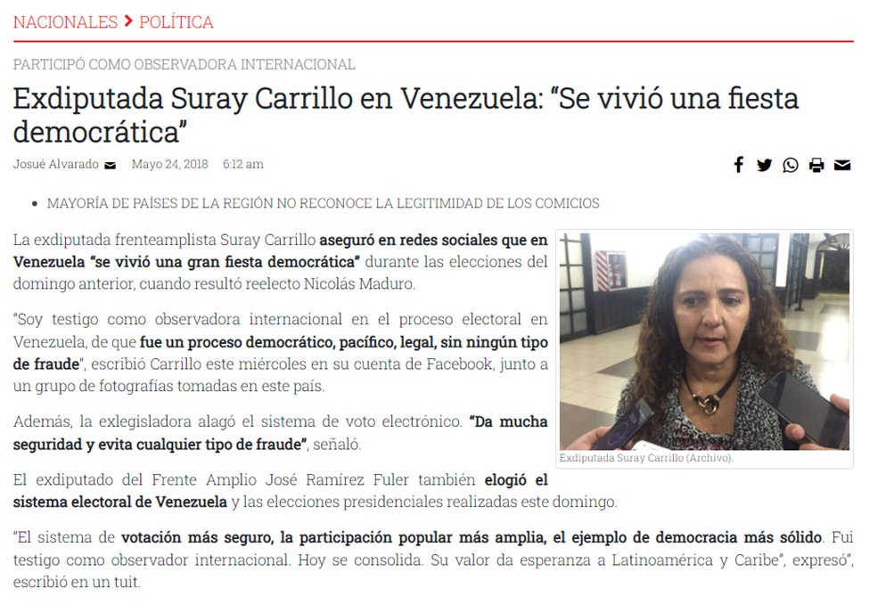 Suray Carrillo y actual candidata a primer lugar por Guanacaste, para las elecciones del narco-dictador Nicolás Maduro declaró que se vivió una fiesta democrática. https://www.crhoy.com/nacionales/exdiputada-suray-carrillo-en-venezuela-se-vivio-una-fiesta-democratica/