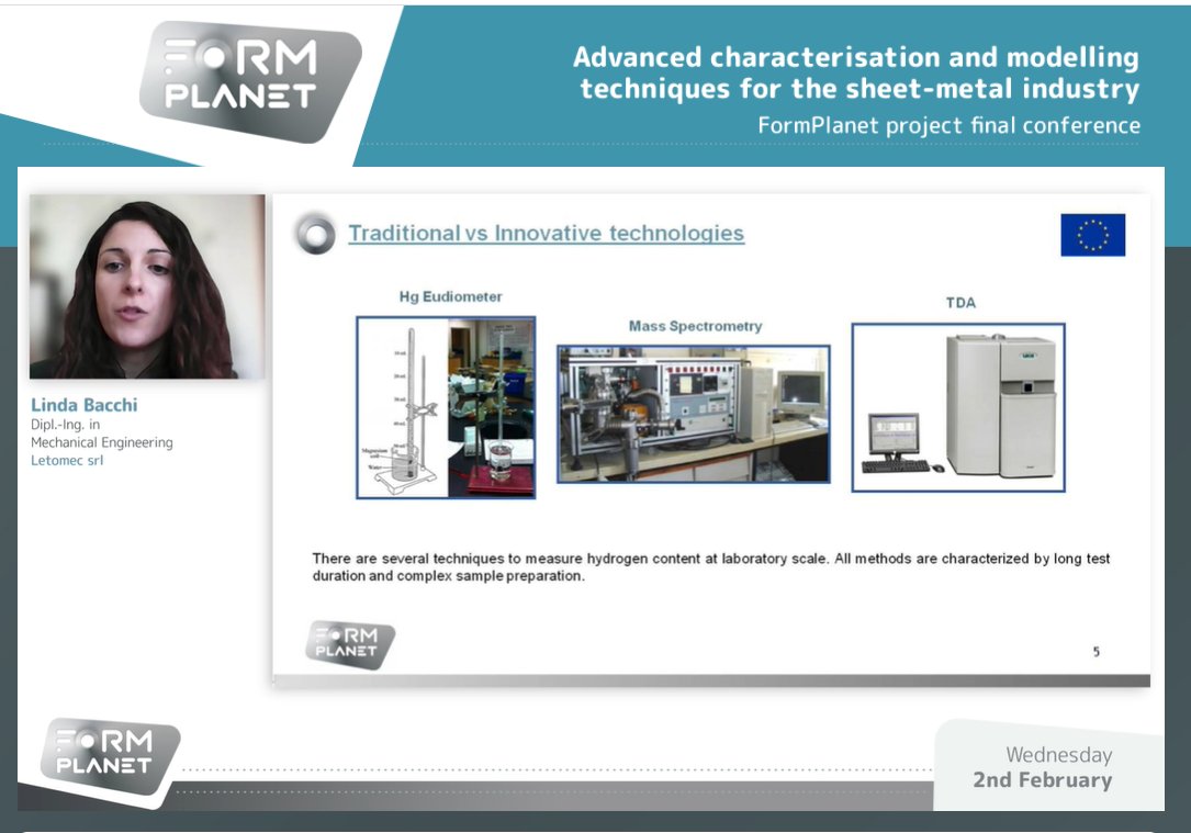 Formplanet_EU's tweet image. Now it&apos;s the turn of #FormPlanet partner Linda Bacchi, from Letomec, who is presenting about the problem of diffusible hydrogen in advanced high-strength steels and techniques to measure it for online #HydrogenEmbrittlement risk assessment

Join us 👉 formplanetconference.eu