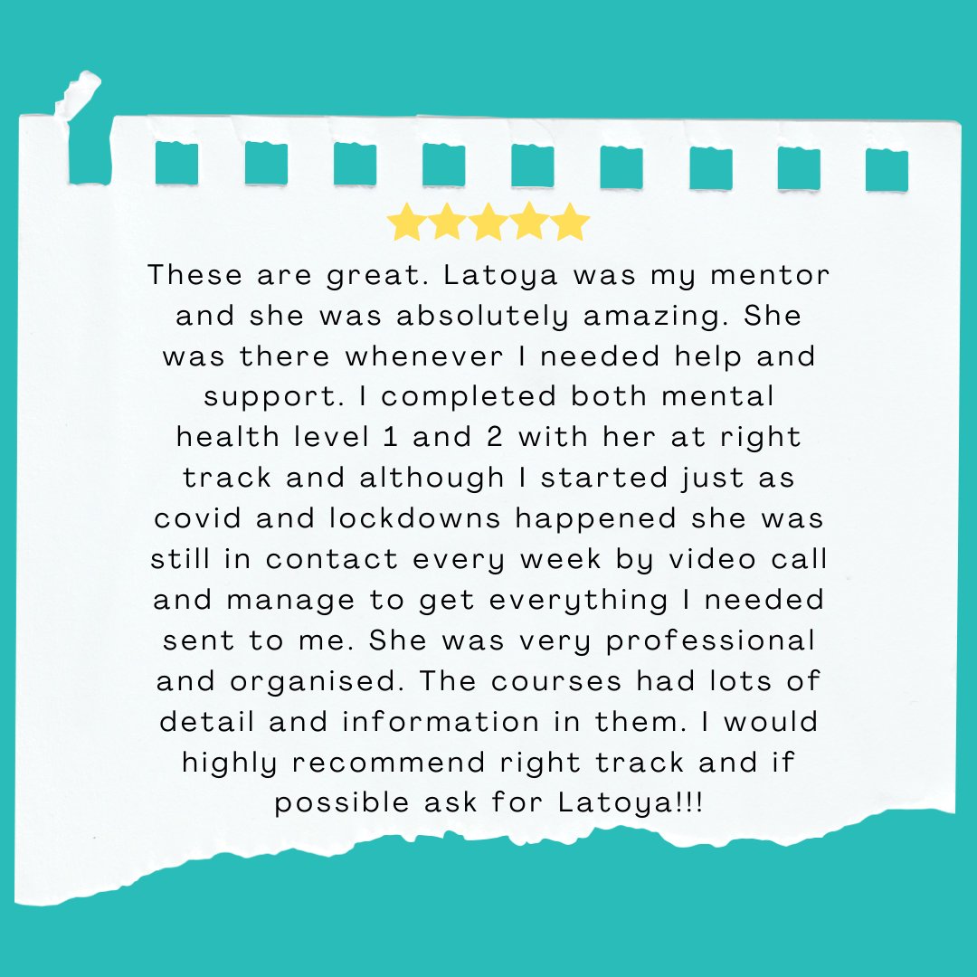 _RightTrack's tweet photo. #review Thank you so much for these kind words. I'm sure Latoya will be thrilled with your amazing comment. And we are so proud of you for completing Level 1 and 2 mental health Congratulations! https://t.co/C1UTt1eT9C
