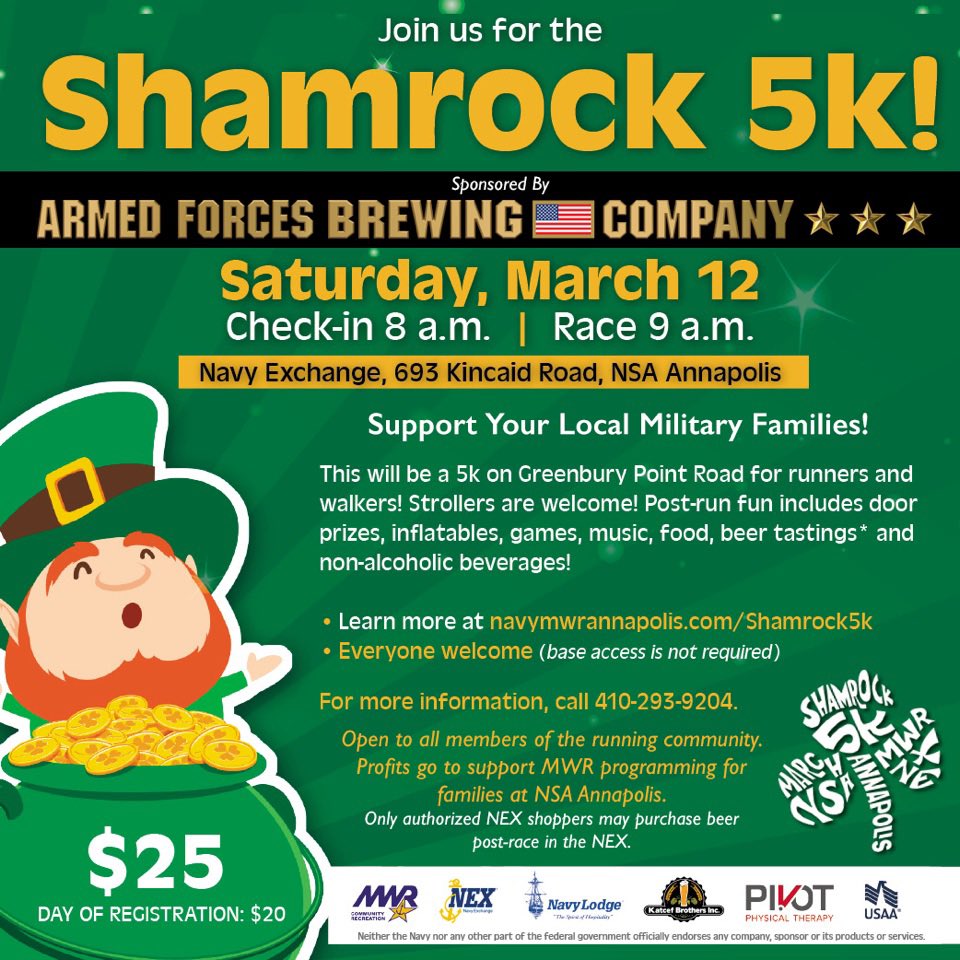 MARCH 12th SHAMROCK 5K Beer tastings at our tent and win merch! navymwrannapolis.com/activity/2a387…
