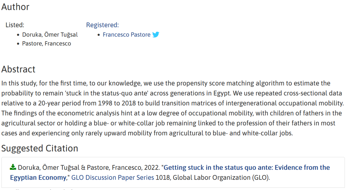 New <a href="/Glabor_org/">Global Labor Organization (GLO)</a> discussion paper from GLO #VirtYS graduate <a href="/omerTugsalDoruk/">Ömer Tuğsal Doruk</a> in collaboration with <a href="/FrancPastore/">Francesco Pastore</a> ideas.repec.org/p/zbw/glodps/1… 

Read about inter-generational mobility in #Egypt.