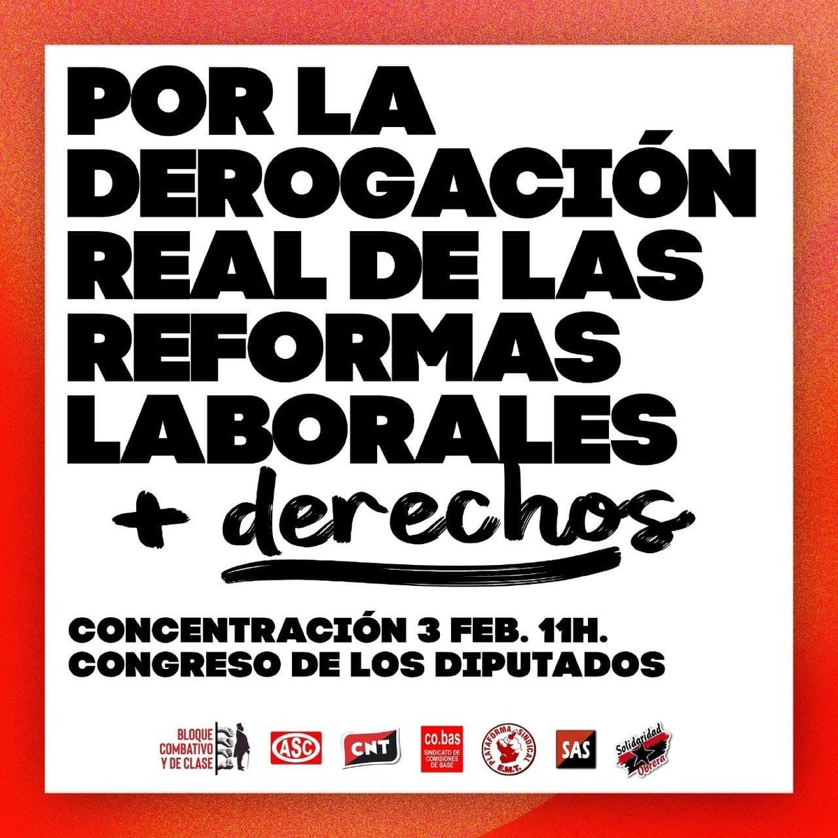 CombativoBloque's tweet photo. CONCENTRACIÓN #3Feb ante el Congreso para decirles que no nos engañan, queremos la DEROGACIÓN
#DerogacionRealYa 
#DerogacionReformaLaboral #ClaseObrera
Ven a defender tú futuro
LA LUCHA ORGANIZADA ES EL ÚNICO CAMINO
#LuchaObrera https://t.co/dVaaqTf7G7