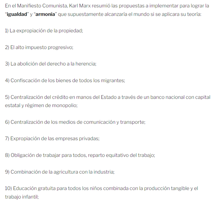 ¿Qué busca el Marxismo?El objetivo es la destrucción del “Estado capitalista” para instaurar el “Estado proletario”. A continuación, un resumen de las propuestas:Fuente:  https://www.infobae.com/america/opinion/2022/01/03/que-quiere-la-izquierda/