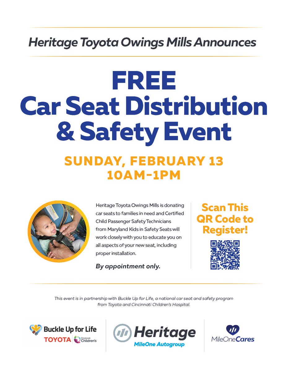 HCAMaryland's tweet photo. Help us spread the word about this great community event hosted by Heritage Toyota of Owings Mills.

Free car seat distribution and safety event - Sunday, 2/13, 10am-1pm. https://t.co/gPwdaMqgMQ