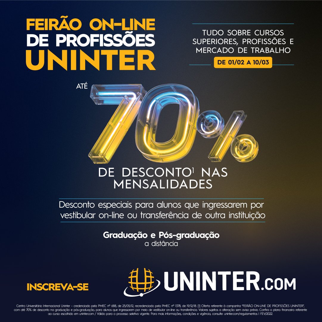 unintercabofrio's tweet photo. Feirão on-line de profissões UNINTER, garanta logo a sua vaga e comece a sua graduação ou pós-graduação a distância com até 70% de desconto nas mensalidades! 
Inscreva-se agora em https://t.co/Yj5xUr8T5C https://t.co/iPy7jVSsVt
