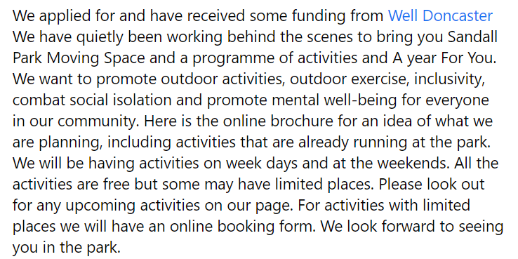 Join us on our #healthandwellbeing journey <a href="/WellDoncaster/">Well Doncaster</a> <a href="/MyDoncaster/">City of Doncaster Council</a> <a href="/Curlysathletes/">Curly's athletes</a> <a href="/sandallparkrun/">Sandall Park parkrun</a> <a href="/UnlockYourYou_/">Unlock Your You</a> <a href="/AMHU_doncaster/">Doncaster Adult Mental Health Unit</a> <a href="/KTPractice/">KT Practice</a> @doncasterccg <a href="/RupertSuckling/">Rupert Suckling FRSA born @323.04 ppm</a> <a href="/Doncaster_Place/">DestinationDoncaster 👩‍💻</a> <a href="/VisitDoncaster/">Visit Doncaster</a> <a href="/Welcome2Yorks/">Welcome to Yorkshire</a> <a href="/DonnyFreePress/">Doncaster Free Press</a> Thanks Victoria facebook.com/sandall.park/v…