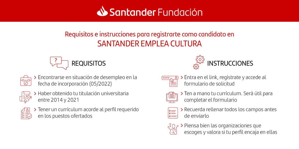 SantanderFund's tweet photo. 📢 Desde hoy abrimos la inscripción para candidatos a nuestro programa #EmpleaCultura. ¿Qué puestos se ofertan? ¿Qué requisitos son necesarios? ¡Consulta toda la información en este enlace y no olvides leer las bases legales! https://t.co/6wxeLwfnyQ #empleo https://t.co/Iqjf77fbWp