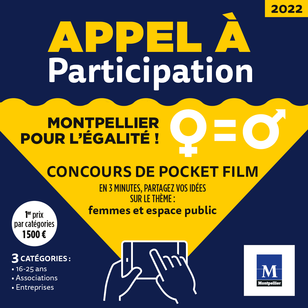 montpellier_'s tweet photo. 🎥“#Montpellier pour l'égalité !” revient avec un nouveau concours #PocketFilms !
🚻En solo ou en équipe, réalisez un film de 3 minutes pour faire avancer l’égalité femmes - hommes.
👉Inscriptions jusqu’au 10 février (envoi des films avant le 20 février) : https://t.co/CzxSFdZDUR https://t.co/yzmdpfyEar