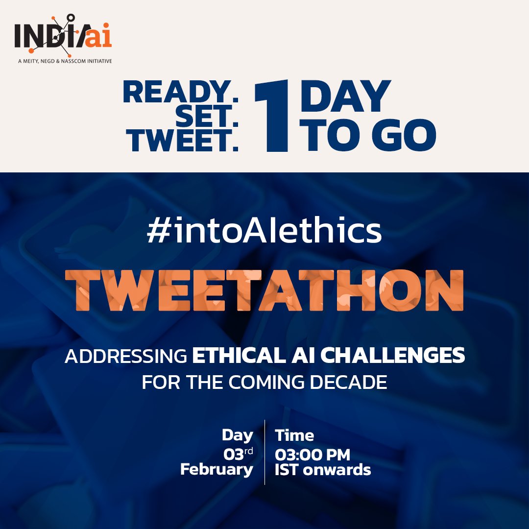 OfficialINDIAai's tweet photo. The wait is almost over! Join INDIAai’s biggest Tweetathon with AI enthusiasts, professionals, students from all over the country. Write your tweets @OfficialIndiaAI using #intoAIethics starting at 3PM (IST) sharp tomorrow.
@arjunven @desaiankitb @ShamikaRavi @tulseedoshi https://t.co/jVAfLusIUQ