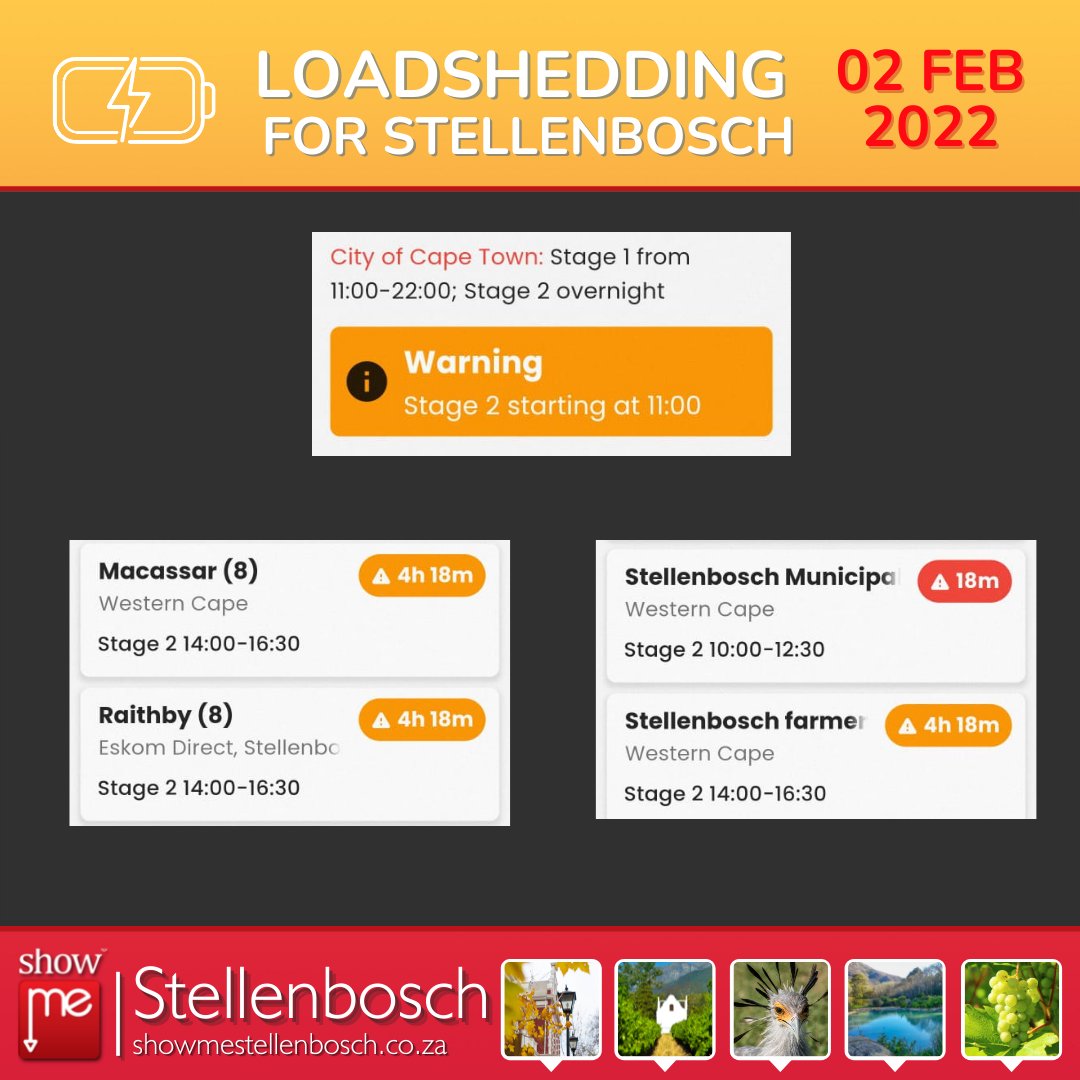 DivinePHouse's tweet photo. #LOADSHEDDING ALERT 2022.02.02
.
Visit https://t.co/0SNFsvT4zF &amp; https://t.co/yGj0b4OFMb  for more information and schedules.
.
 #showmehelderberg #showmestellenbosch #showmecapetown #loadshedding #powerstruggle  #reduceelectricity #thedivineprojecthouse https://t.co/440p0Axcb5