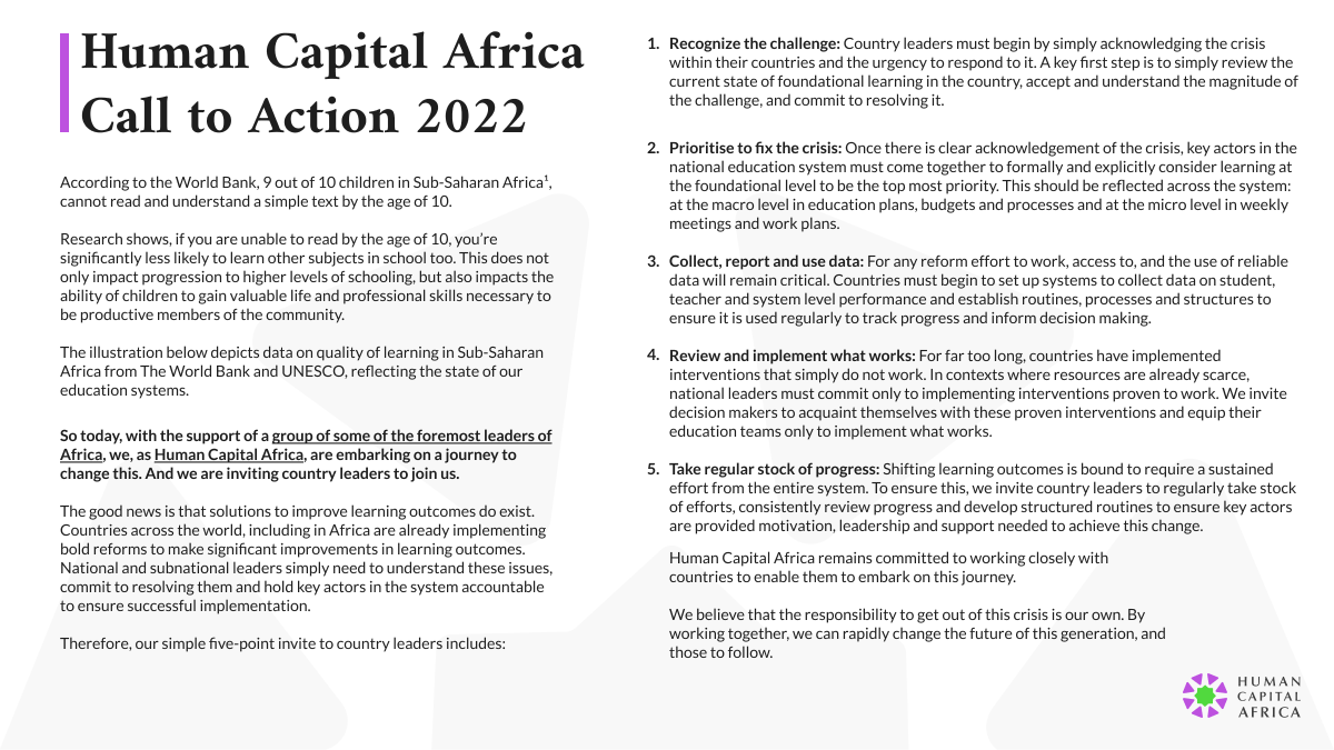 GEMReport's tweet photo. .@HumanCapAfrica has issued a call to action to policymakers across Sub-Saharan Africa, highlighting the magnitude of the learning crisis and its implications in their countries, and charging them to take action on the learning crisis #TheTimeToActIsNow #HCACallToAction https://t.co/TES8OB7lvZ