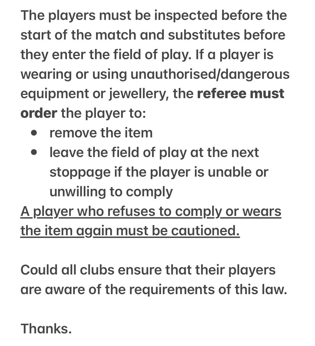 SPCFL NOTICE - PLAYERS WEARING JEWELLERY ON MATCH DAYS 

Please see below an email sent from the league Sec to all club secretaries!

Please can ALL clubs ensure that this is enforced on match days!

#SafetyFirst #SPCFL #Jewelleryequalsnogame